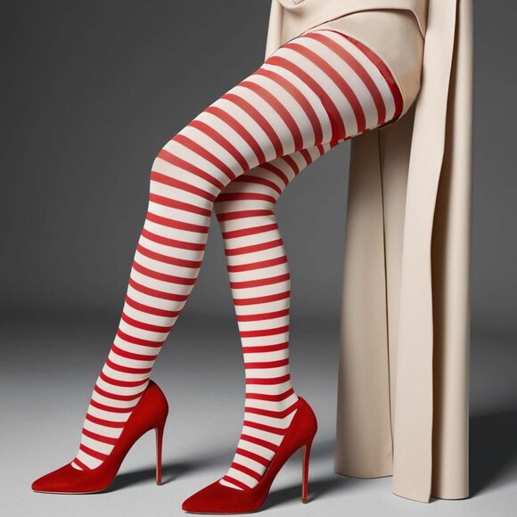 Striped Tights Plus 1x/2x (16-20) 3x/4x (22-26) Womens Opaque Red-White Hosiery - Picture 10 of 10